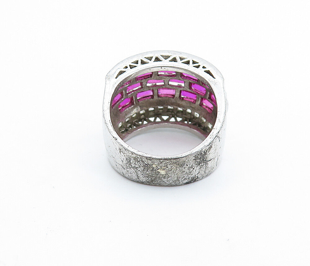SETA 925 Silver  Pink & White Topaz Brick Layer Shiny Band Ring Sz 7  RG6665