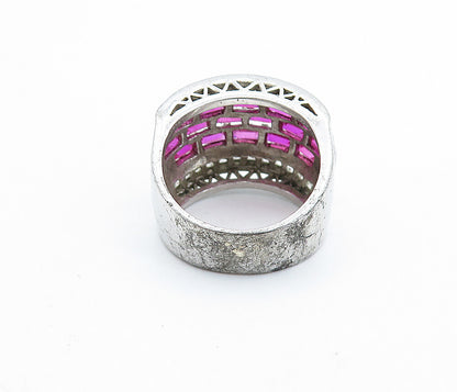 SETA 925 Silver  Pink & White Topaz Brick Layer Shiny Band Ring Sz 7  RG6665