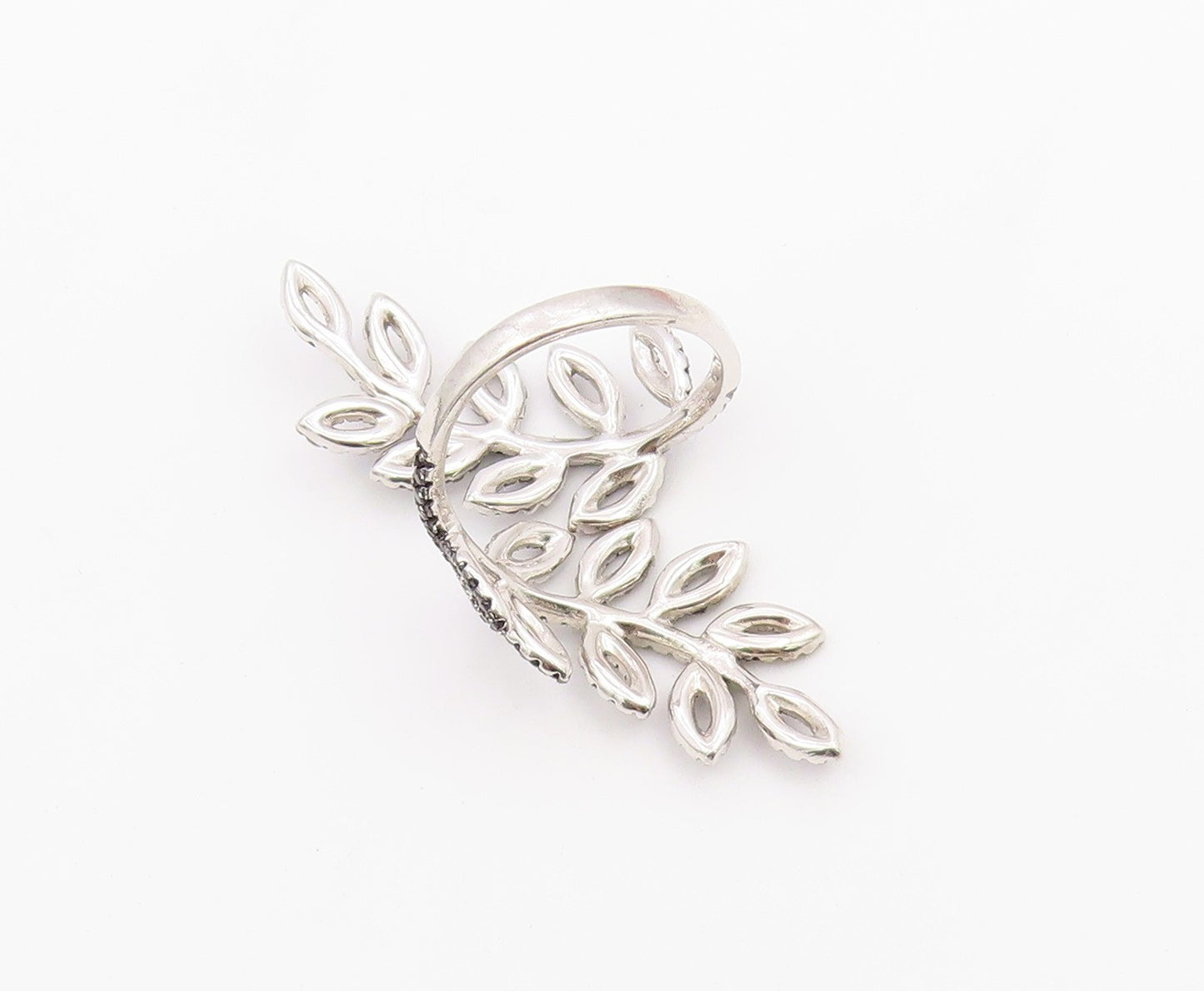 925 Sterling Silver Vintage Ring Elegant Black Spinel Leaf Bypass  Sz 9  RG36637