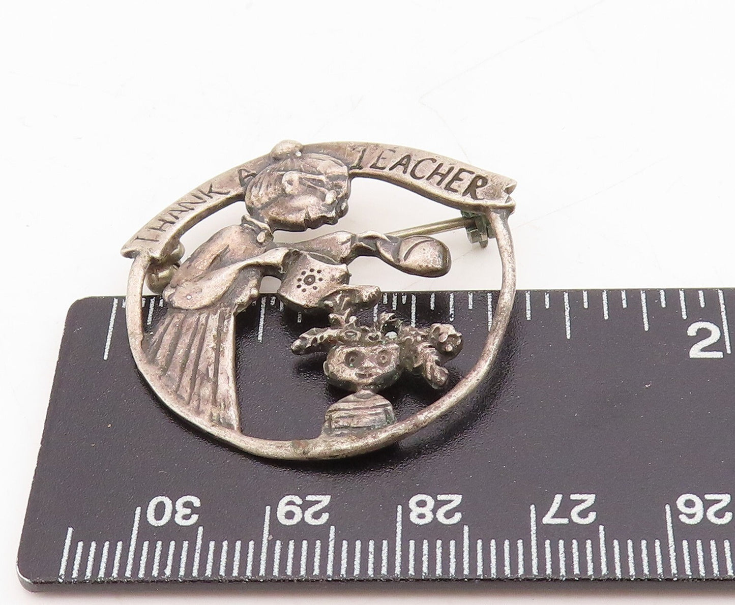925 Sterling Silver Vintage Brooch Dark Tone Teachers Day Badge Cutout  BP11490