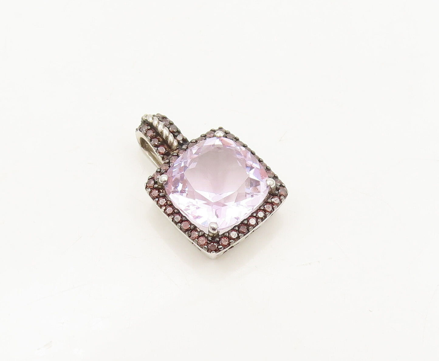 925 Sterling Silver Vintage Pendant Diamonds & Square Cut Purple Topaz  PT23136