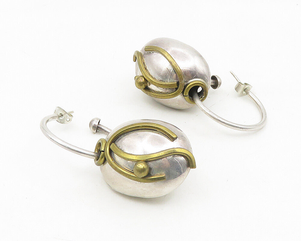 925 Sterling Silver  Vintage Shiny 2 Tone Detail Hollow Drop Earrings  EG5499