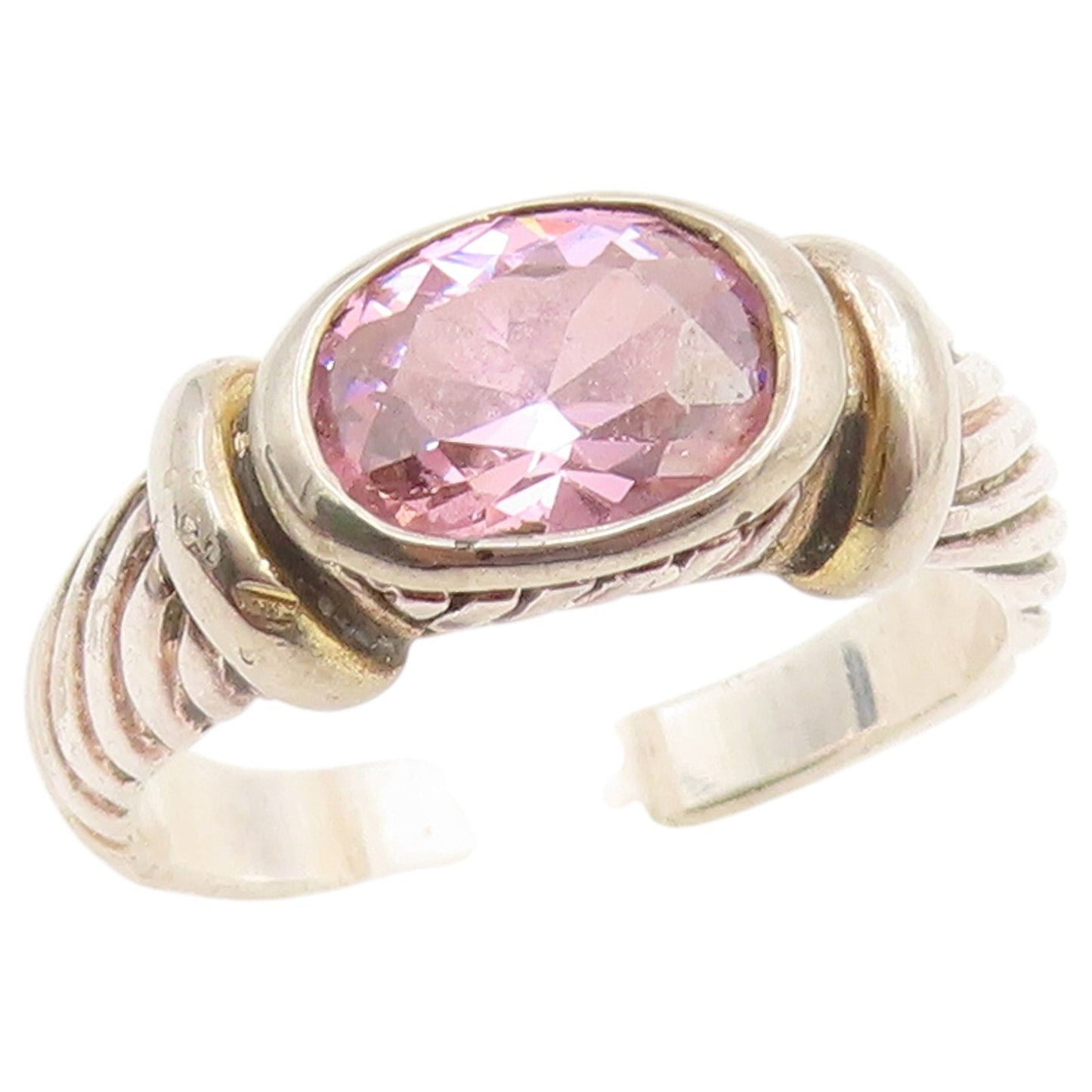 925 Sterling Silver Vintage Ring Pink Topaz Ribbed Statement Band  Sz 8  RG36754