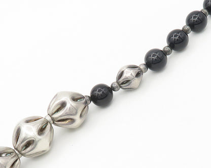925 Sterling Silver  Vintage Black Onyx Sculpted Bead Chain Necklace  NE2739