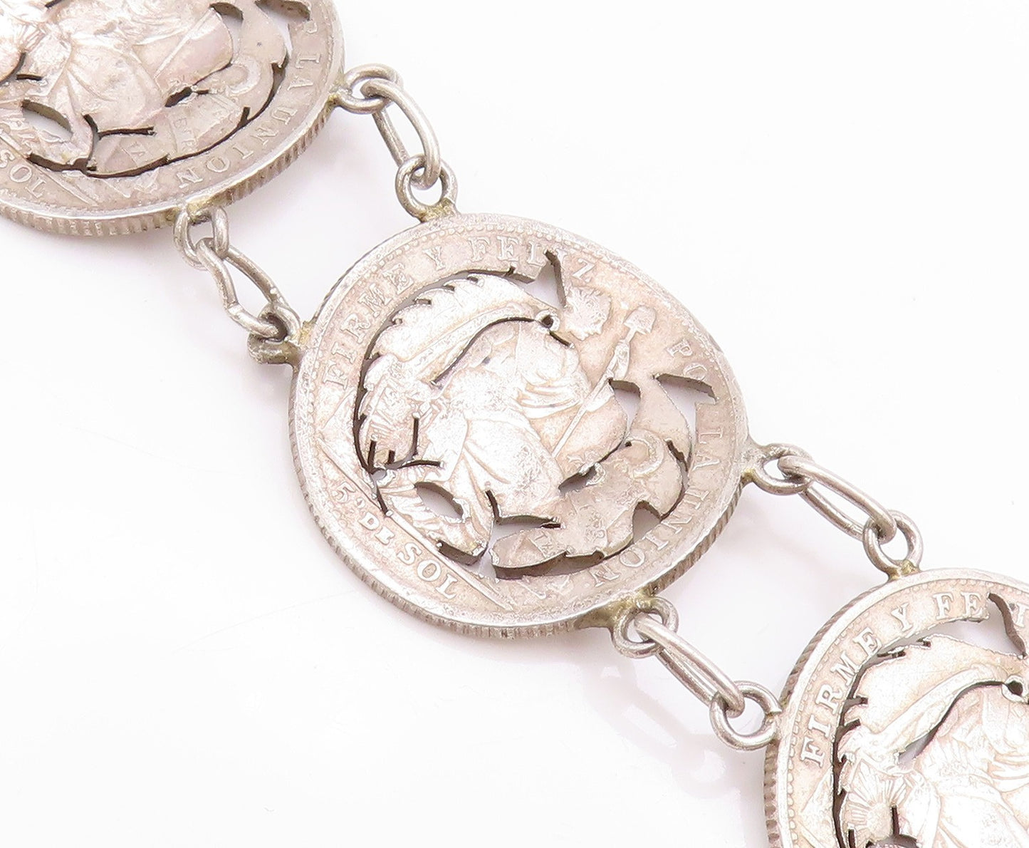925 Sterling Silver Vintage Bracelet Antique Royal Peruana Coins   BT11264
