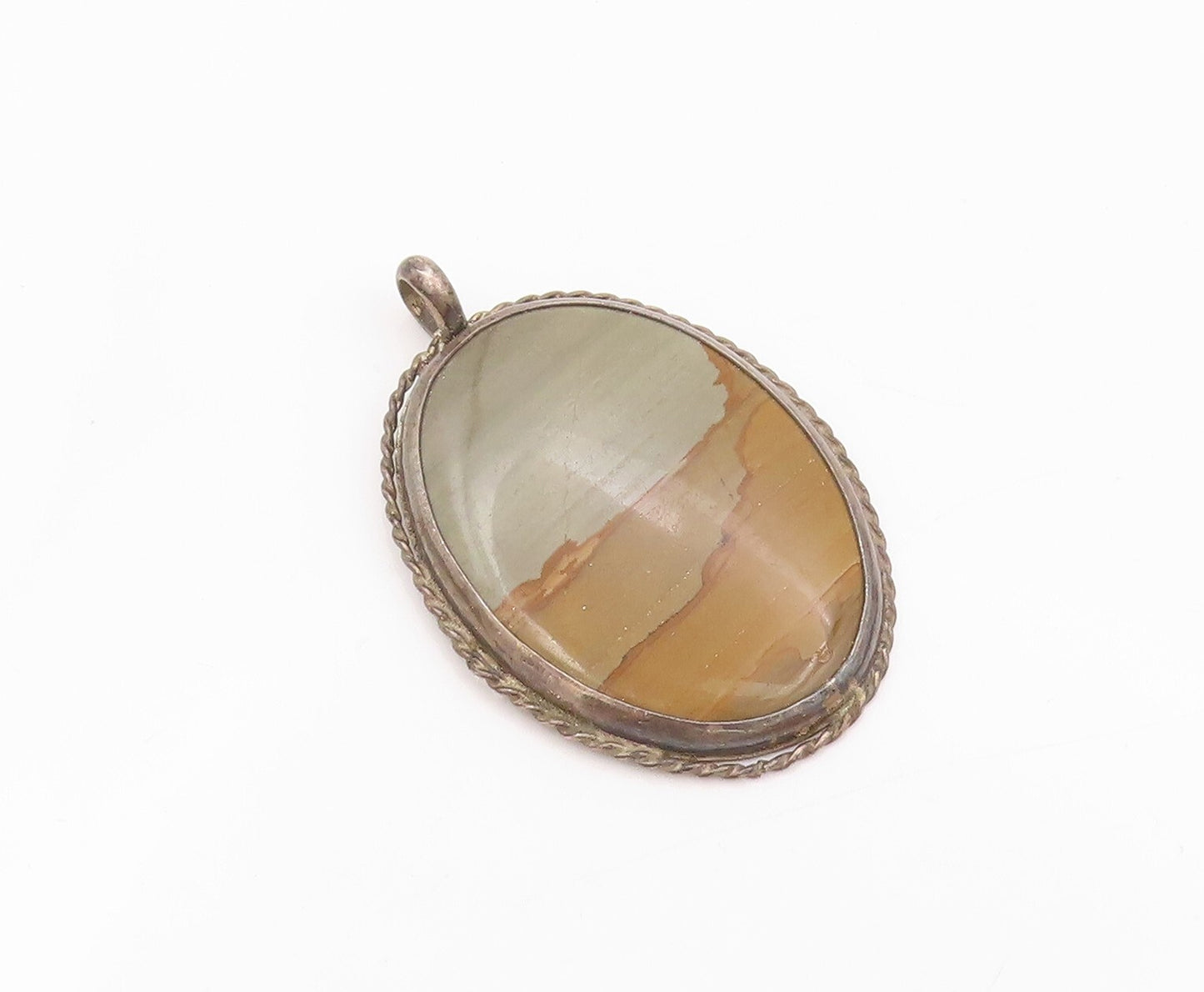 925 Sterling Silver Vintage Pendant Dark Tone Oval Large Gemstone  PT23893