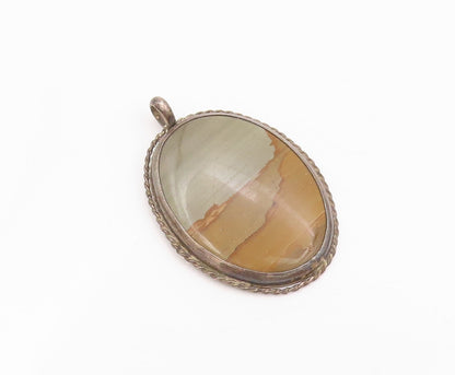 925 Sterling Silver Vintage Pendant Dark Tone Oval Large Gemstone  PT23893