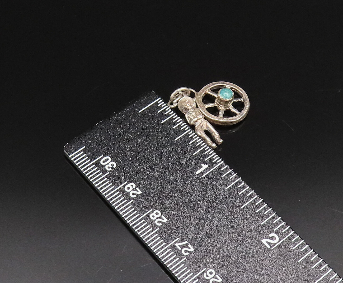 925 Sterling Silver  Vintage Cowboy & Turquoise Wheel Charm Pendant  PT21606