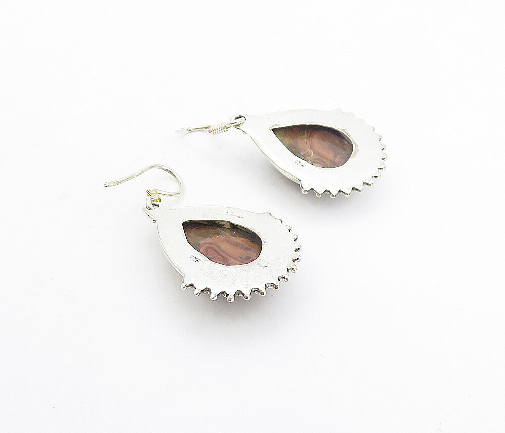 925 Sterling Silver  Vintage Cabochon Cut Agate Tear Drop Earrings  EG3696