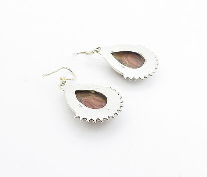 925 Sterling Silver  Vintage Cabochon Cut Agate Tear Drop Earrings  EG3696
