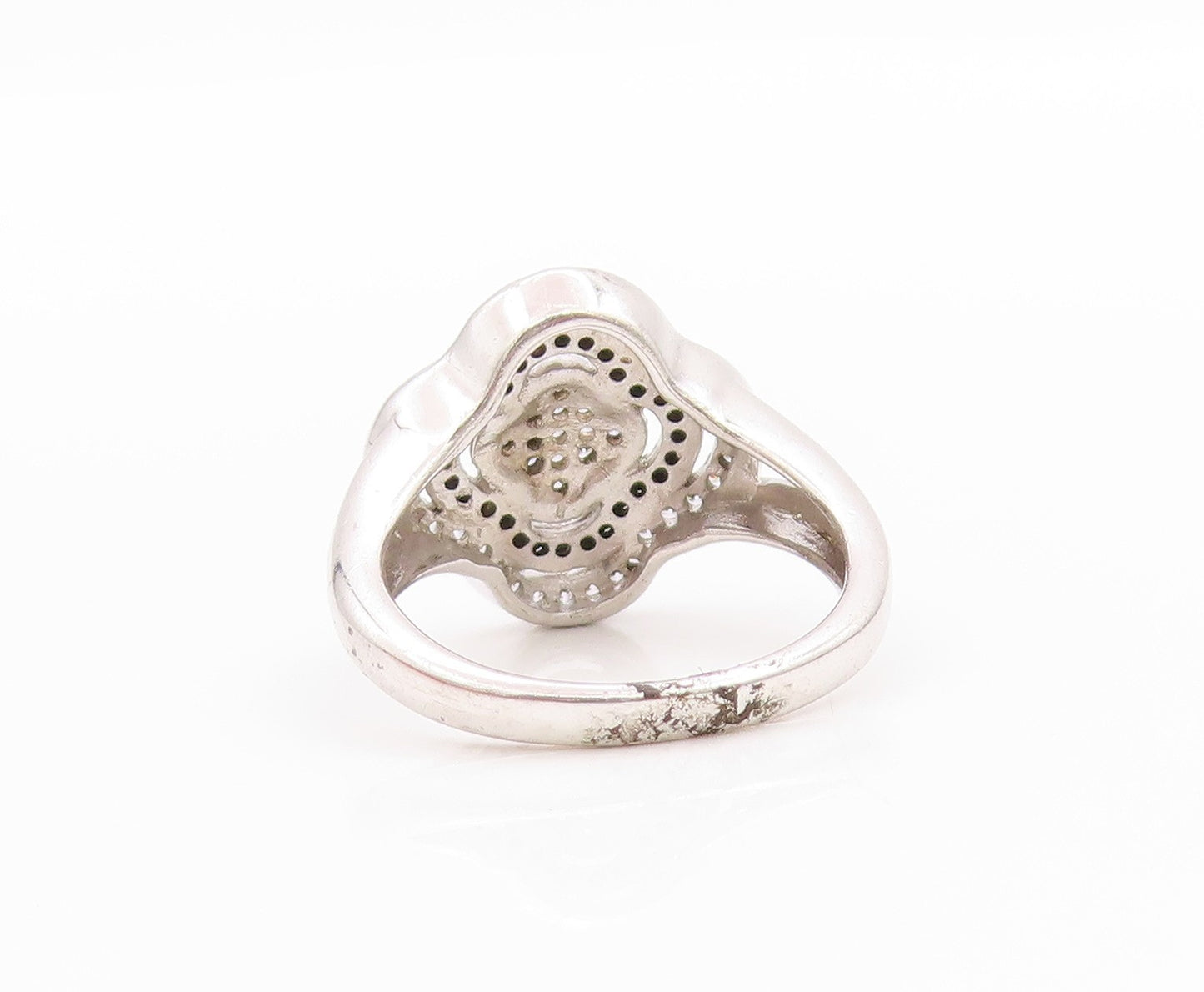 925 Sterling Silver Vintage Ring Black & White CZ Bands Flower  Sz 6  RG33381