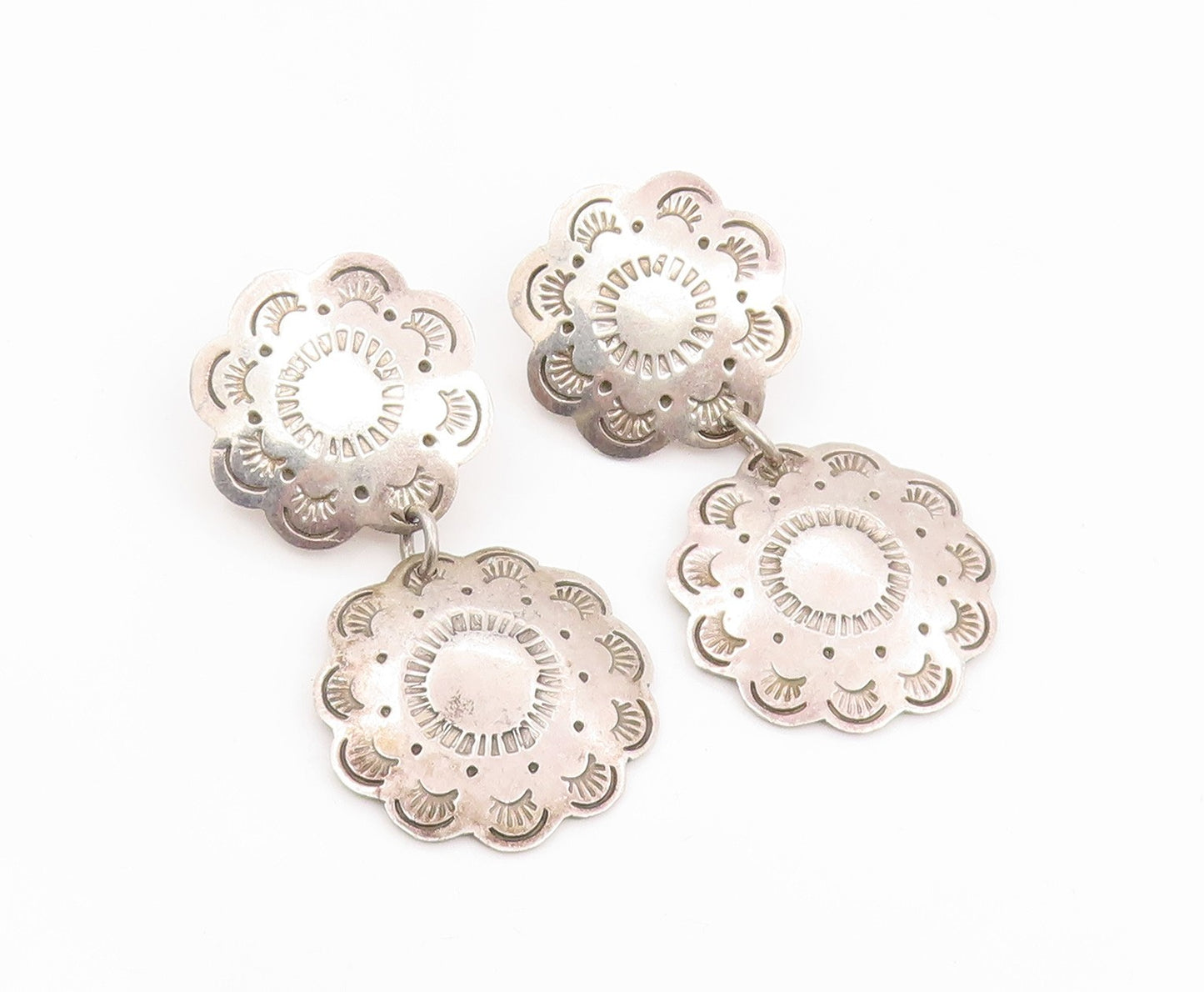925 Sterling Silver Vintage Earrings MEXICO Etched Floral Concho Drop  EG14183