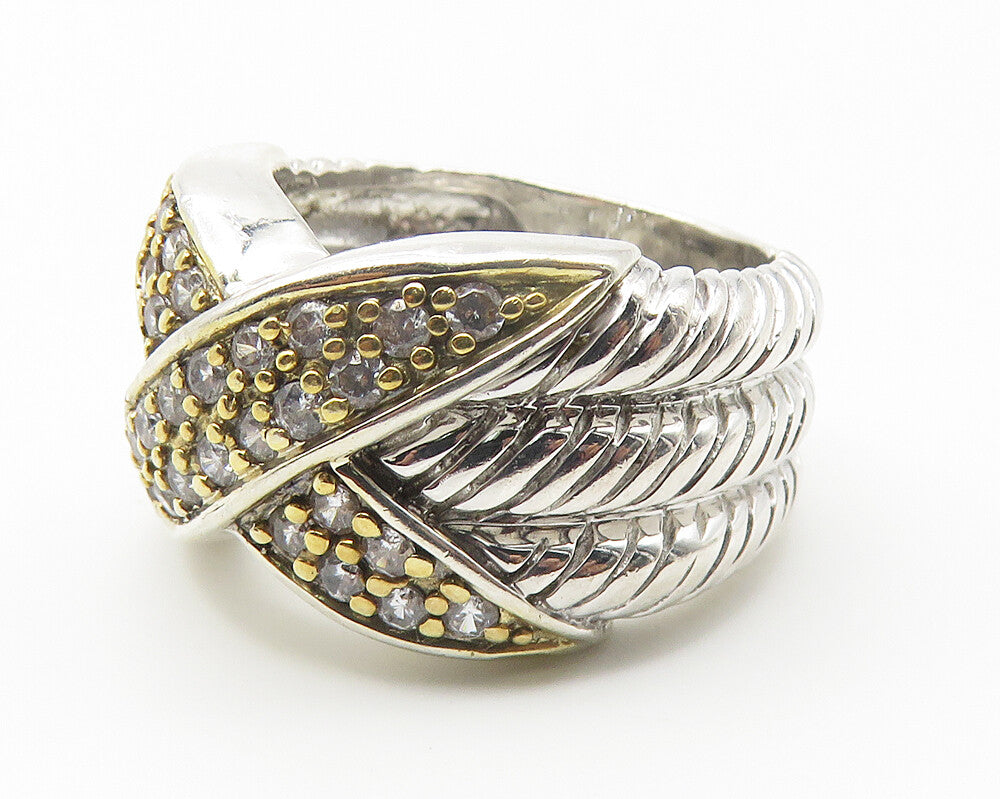 925 Sterling Silver  Topaz Two Tone Crossover Design Band Ring Sz 7.5  RG11445
