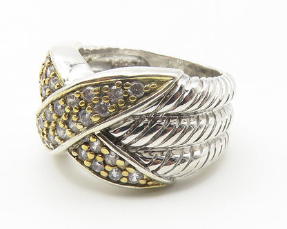 925 Sterling Silver  Topaz Two Tone Crossover Design Band Ring Sz 7.5  RG11445