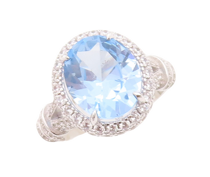 925 Sterling Silver Vintage Ring Designer Oval Blue Halo White CZ  Sz 7  RG30137