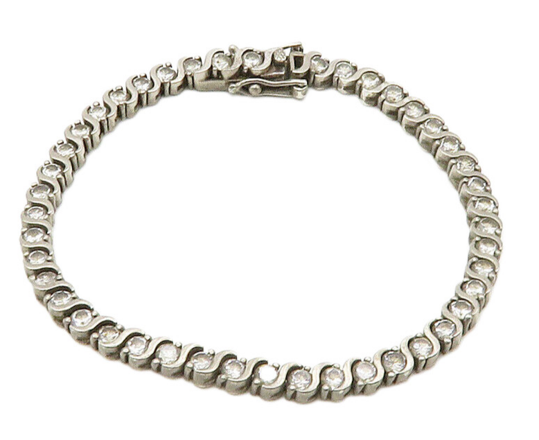 925 Sterling Silver  Vintage Round Cut Topaz Swirl Chain Bracelet  BT6418