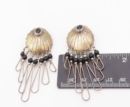 925 Sterling Silver Vintage Earrings NAVAJO Onyx Inlay Grooved Dangles  EG13427