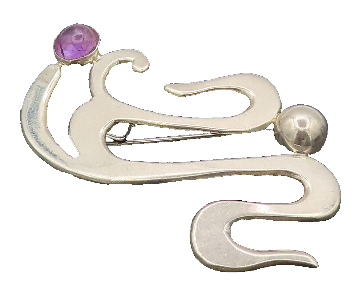 MEXICO 925 Silver  Vintage Swirly Cutout Beaded Amethyst Brooch Pin  BP10396