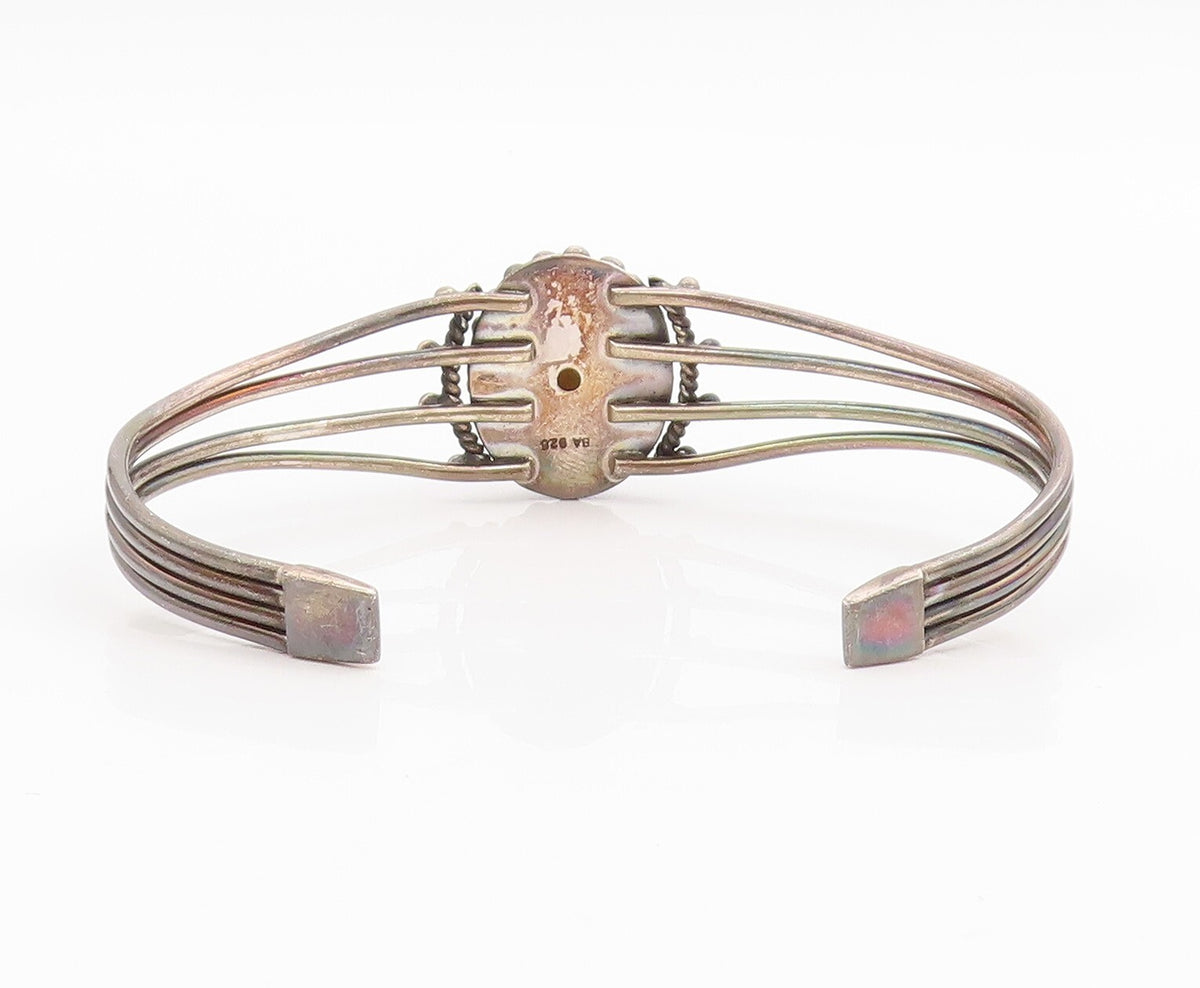 925 Sterling Silver Vintage Bracelet BALI Oval Mother Of Pearls Cuff  BT10998