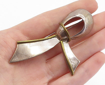 MEXICO 925 Sterling Silver  Vintage Two Tone Ribbon Design Brooch Pin  BP2743