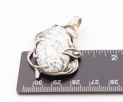 925 Sterling Silver Vintage Pendant Oval Gemstone Brutalist Carved  PT24108