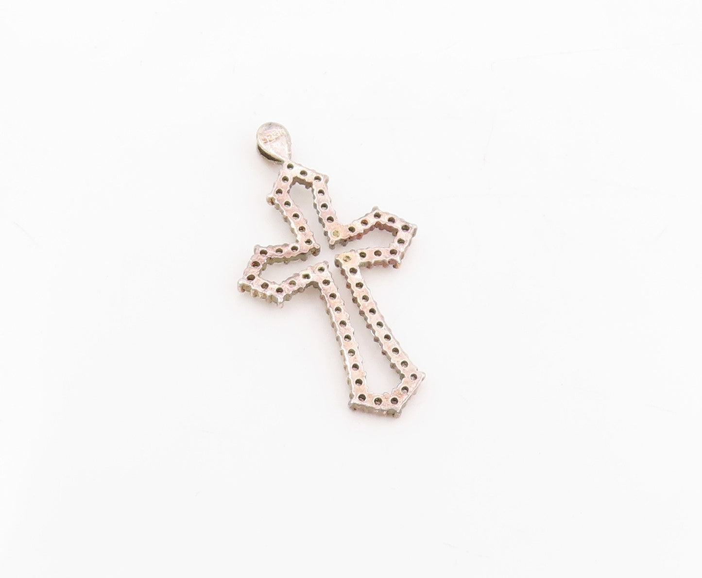 925 Sterling Silver Vintage Pendant Round CZ Religious Cross Outline  PT25530