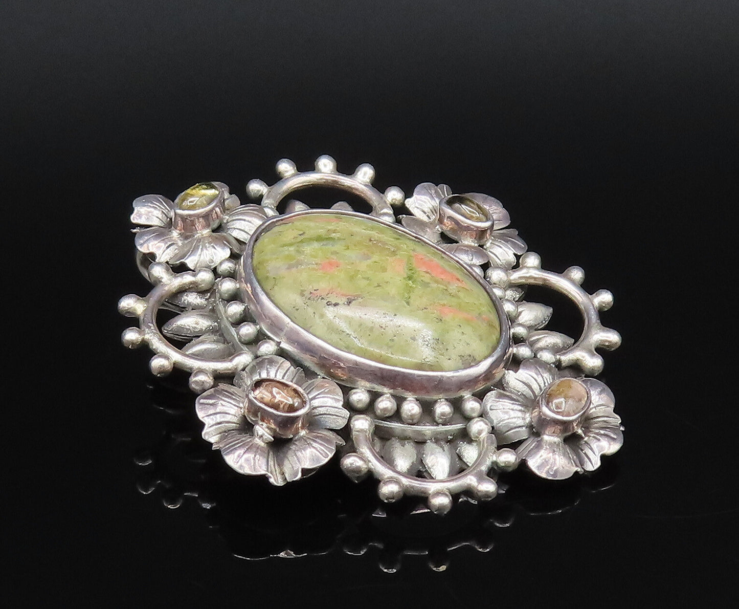 925 Silver  Vintage Cabochon Unakite & Peridot Floral Cluster Pendant  PT21917