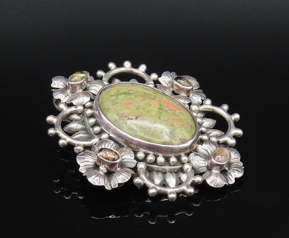 925 Silver  Vintage Cabochon Unakite & Peridot Floral Cluster Pendant  PT21917