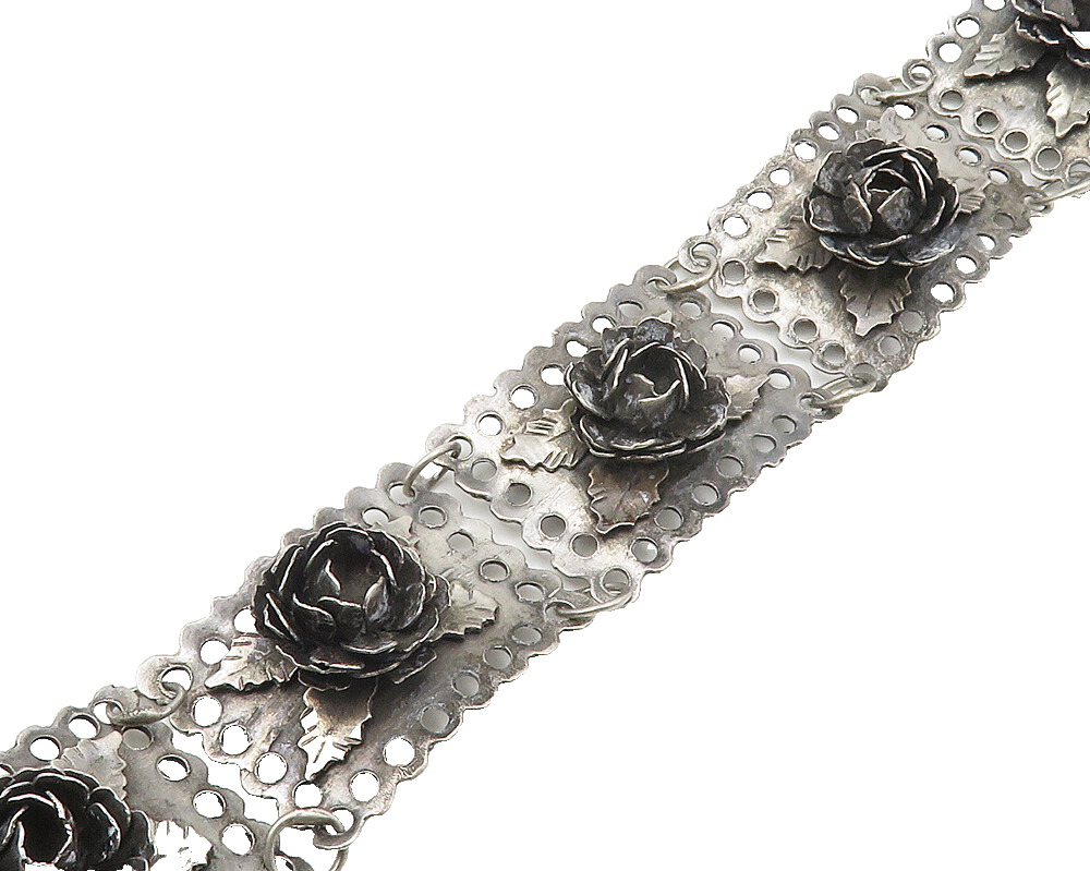 925 Sterling Silver  Vintage Hand Made Oxidized Rose Chain Bracelet  BT6807