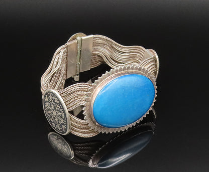 925 Silver  Vintage Oval Blue Howlite & Fleur De Lis Multi Row Bracelet BT9562
