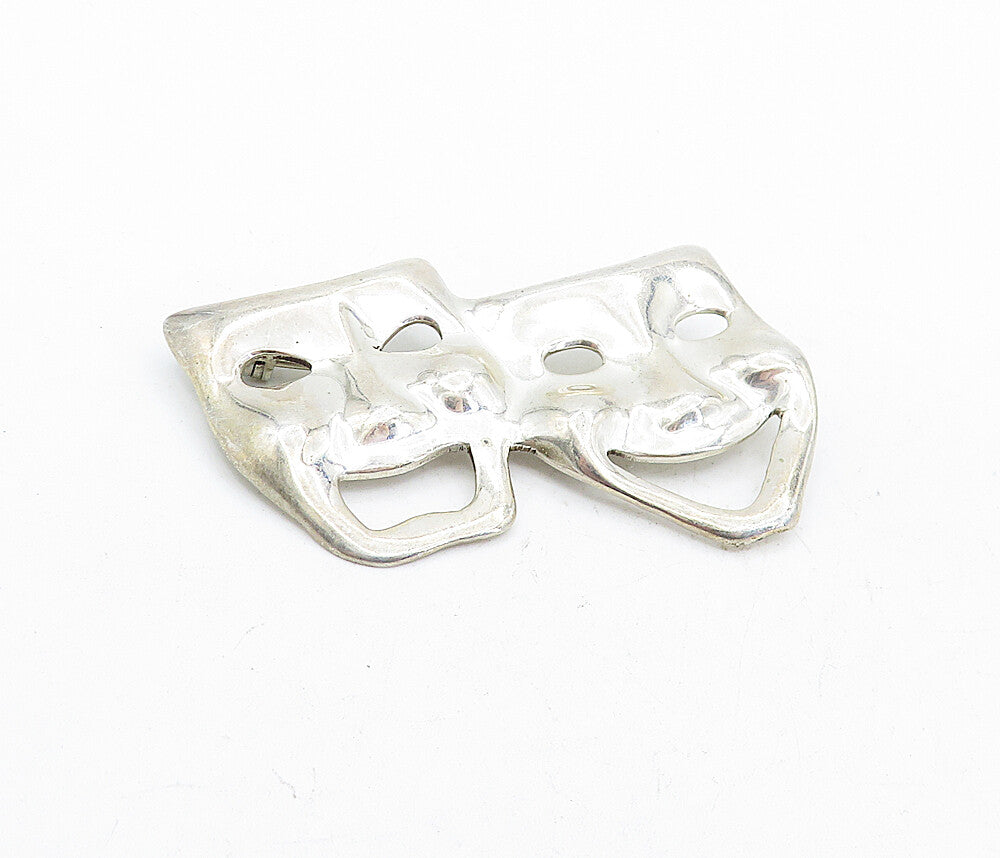 925 Sterling Silver  Vintage Shiny Dramatic Theater Masks Brooch Pin  BP1871