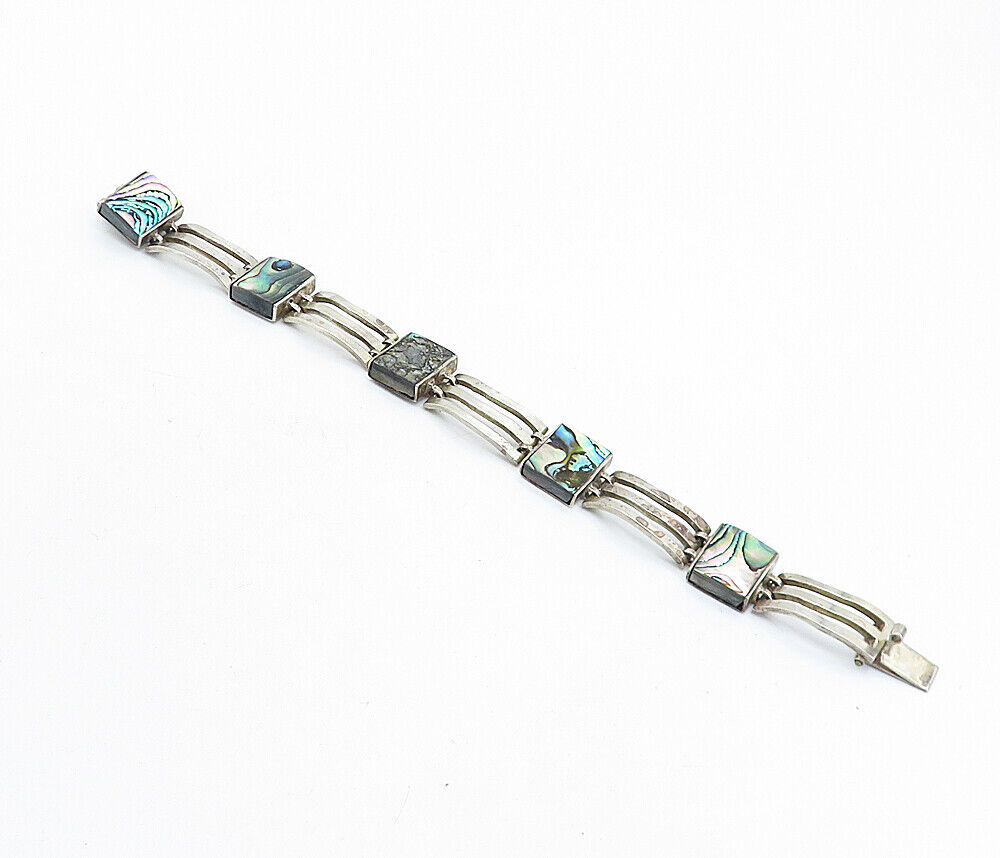 MEXICO 925 Sterling Silver - Vintage Abalone Shell Square Chain Bracelet- BT2006