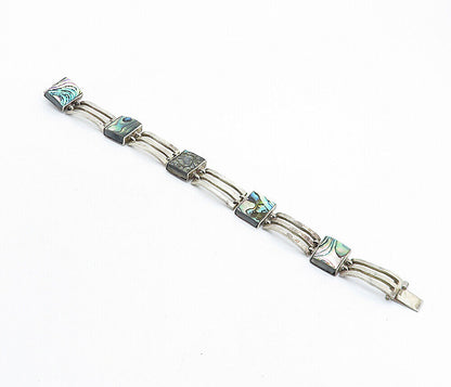 MEXICO 925 Sterling Silver - Vintage Abalone Shell Square Chain Bracelet- BT2006