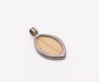 925 Sterling Silver Vintage Pendant Marquise Shape Wooden Inlay  PT23581