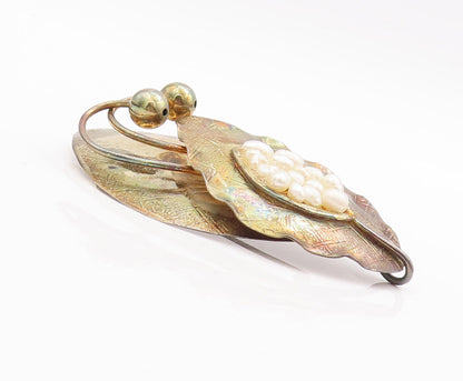 925 Sterling Silver Vintage Brooch Pin Designer Leaf Amorphas Pearls  BP10950