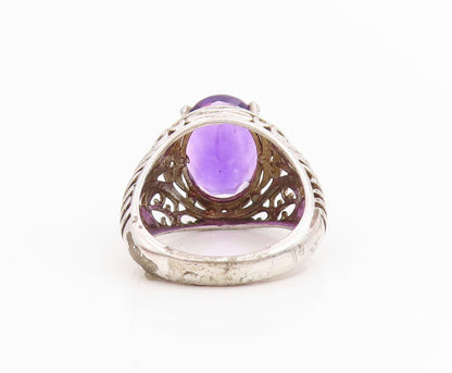 925 Sterling Silver Vintage Ring Amethyst Open Scrollwork Band  Sz 7.5  RG34788