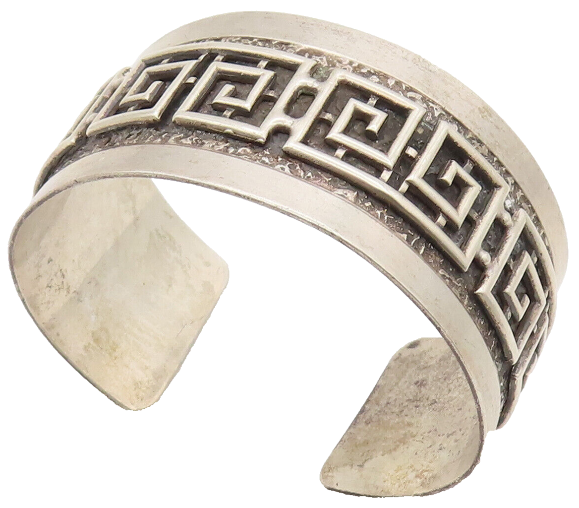 DANECRAFT 925 Silver  Vintage Antique Carved Greek Key Cuff Bracelet  BT9790