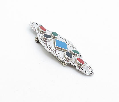 MEXICO 925 Sterling Silver Vintage Multi Gemstone Etched Brooch Pin BP1563