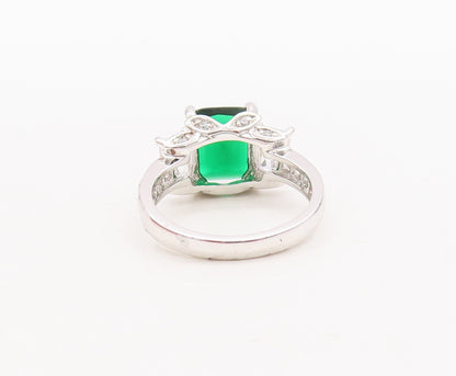 925 Sterling Silver Vintage Ring Leaves Carved Green & White CZ  Sz 7  RG29661