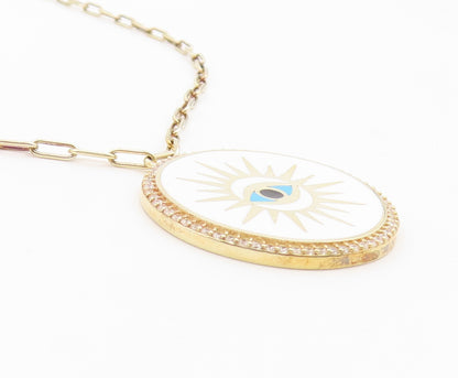 925 Sterling Silver Vintage Necklace Gold Plated CZ Enamel Evil Eye Medal NE4929