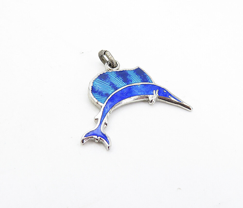 925 Sterling Silver  Petite Enamel Coated Swordfish Motif Drop Pendant  PT6348