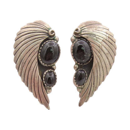 925 Sterling Silver Vintage Earrings NAVAJO Onyx Etched Devil Wings  EG13572