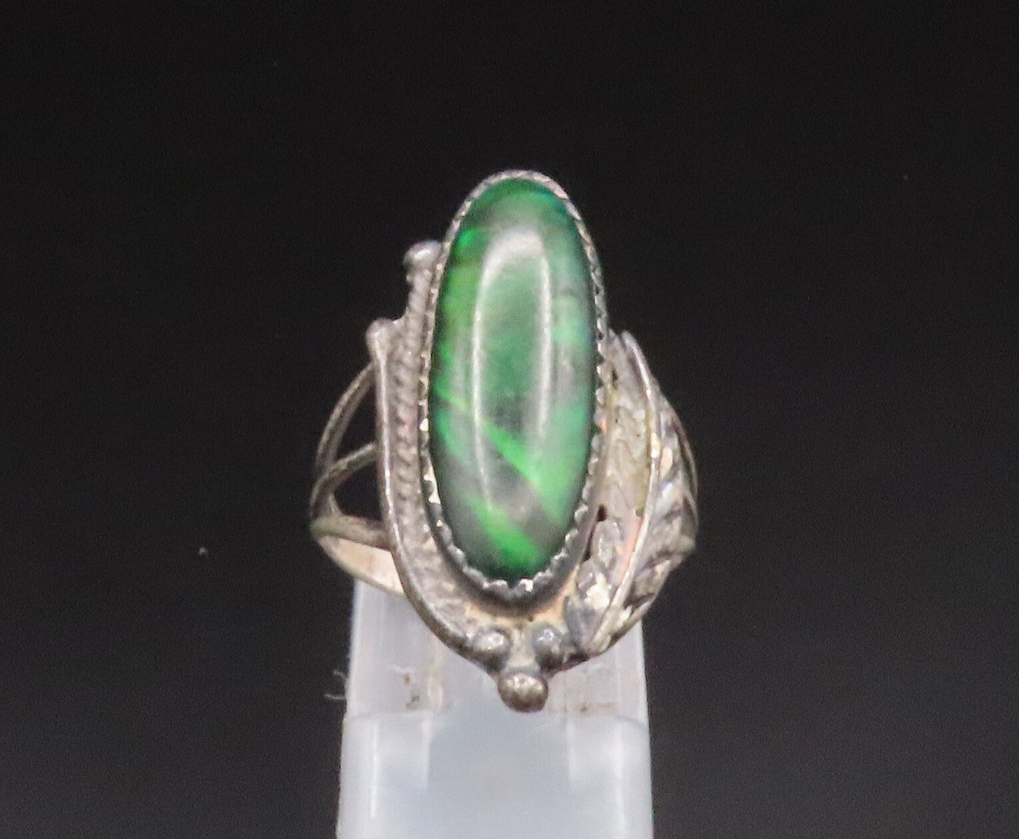 NAVAJO 925 Silver  Vintage Green Abalone Leaf Wrapped Ring Sz 7  RG25101