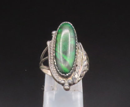 NAVAJO 925 Silver  Vintage Green Abalone Leaf Wrapped Ring Sz 7  RG25101