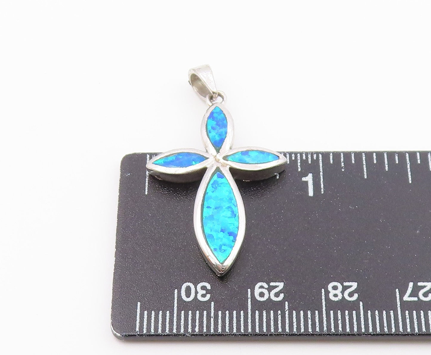 925 Sterling Silver  Vintage Blue Fire Opal Religious Cross Pendant  PT18637