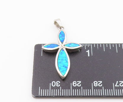 925 Sterling Silver  Vintage Blue Fire Opal Religious Cross Pendant  PT18637