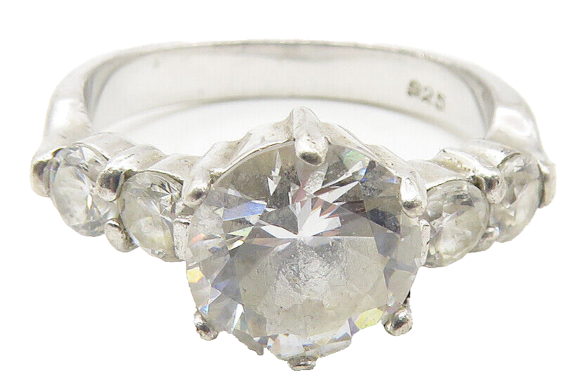 925 Sterling Silver  Cubic Zirconia Solitaire With Accents Ring Sz 6  RG11592