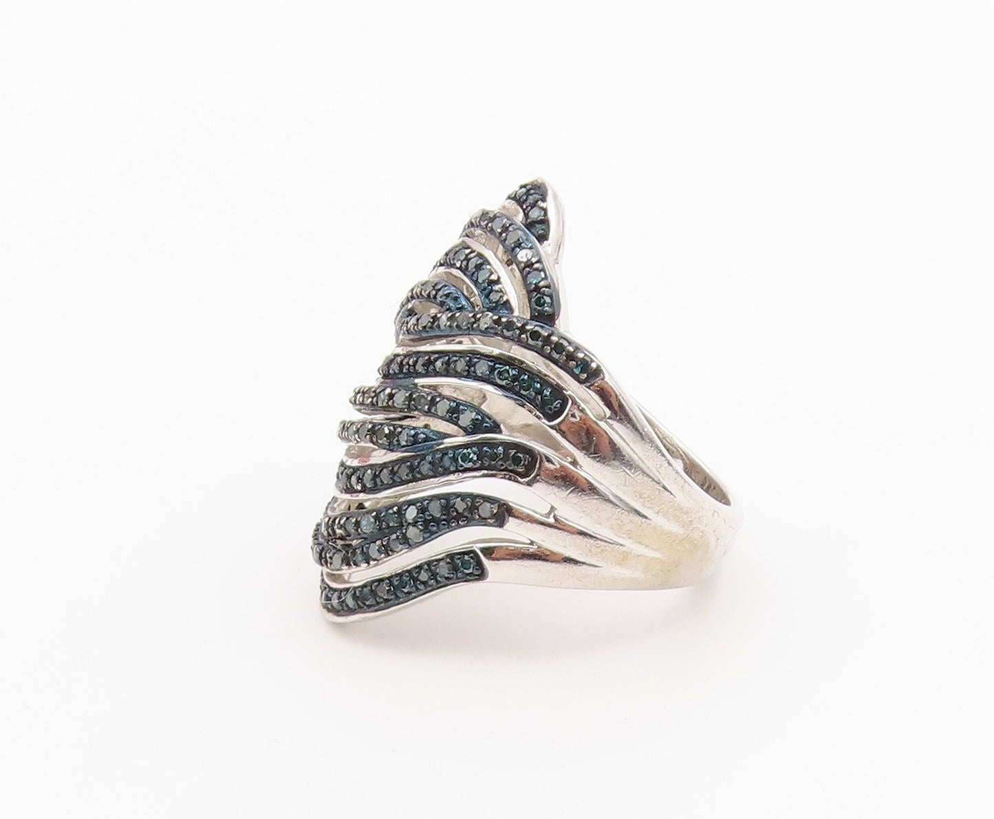925 Sterling Silver Vintage Ring Real Diamonds Crossover Wave  Sz 9  RG36489