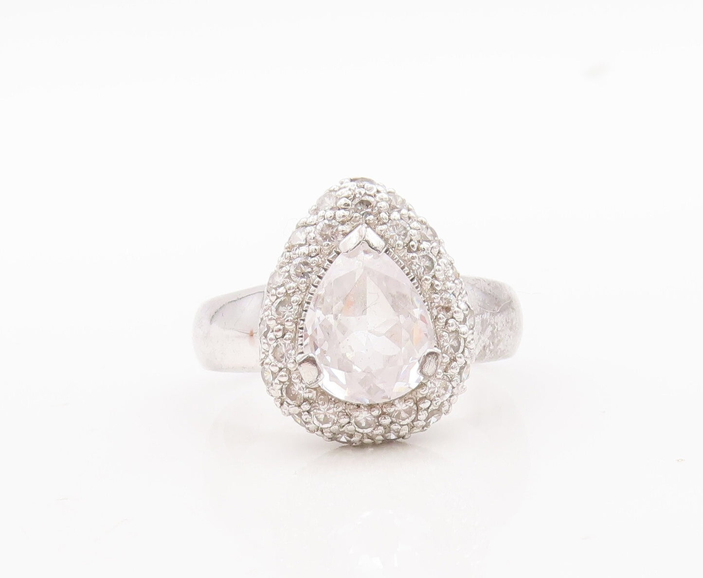 925 Sterling Silver Vintage Ring Drop Cut Topaz Beaded Frame  Sz 9   RG29812