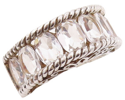 925 Sterling Silver Vintage Ring Rope Carved Oval Topaz band  Sz 8  RG29964
